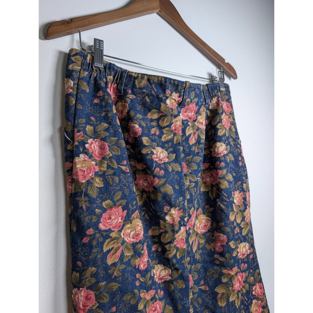 Vintage Orvis Floral Denim Midi Skirt Rose Print Button Front Cotton Cottagecore - Picture 7 of 9